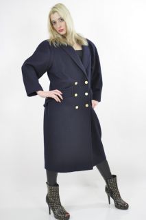 Vtg Vintage 80s Chic Glam Navy Blue Double Breasted Military Coat 
