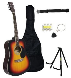   Full Size Combo Pack Adult Sunbur Acoustic Guitar Gigbag Stand