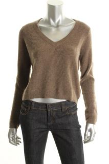 Qi New Brown Cashmere Ribbed Pullover Long Sleeves V Neck Crop Sweater 