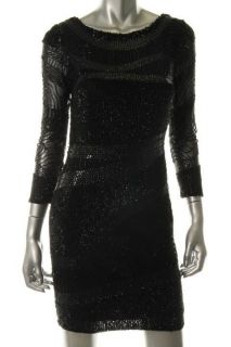 Aidan Mattox Black Sequins 3 4 Sleeves Knee Length Cocktail Dress 0 