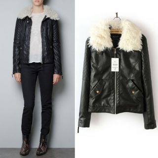New Womens Casual Fashion Lamb Hair Lapel Thickened PU Leather Jacket 