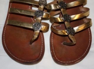 Tory Burch ALEXIS Gold Leather Gladiator Thong Sandals Silver Disc 