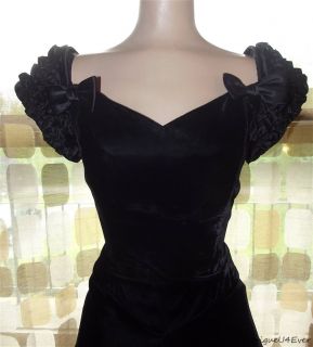 Vintage 80s 50s Black Velvet Full Sweep Sweetheart Gown Dress Ruffles 