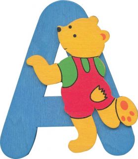 Wooden Alphabet Letters with Teddy Bear Design Hand Painted and Bright 