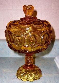 Vintage Amber L E Smith Glass Moon Stars Pedestal Covered Compote Dish 