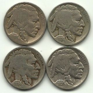 Four Different Buffalo Nickels   1918   1924   1934 D   1936