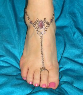 Barefoot Sandals Anklets Pair Purple Cat Eye Stones 13