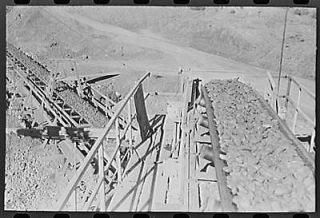 Gravel on long rubber conveyor belt at Shasta Dam,Shasta County 