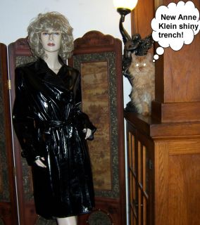   Anne Klein Shiny Black PU Vinyl Trench Coat Raincoat Patent Slicker M