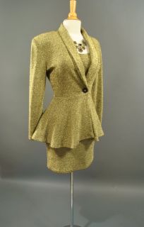 Vtg Gold Metallic Peplum Jacket Blazer Mini Bodycon Dress Set Avant 