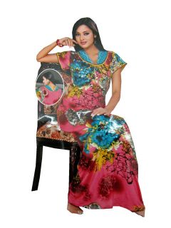   Women Nighties Pink Ethnic Print Lycra Kaftan Lounge Wear Medium