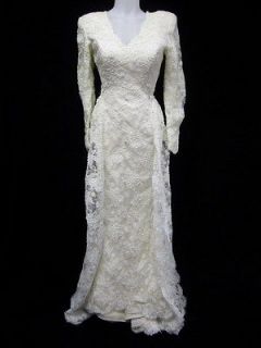 CARMELA SUTERA Cream Lace Long Sleeve Low Back Beaded Wedding Dress 