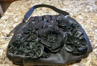 Brighton Anthea Beautiful LG Black Leather Floral Hobo New