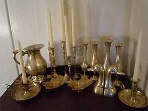   Antique Lot of 15 Brass Wares Made in India Candlesticks Bookends