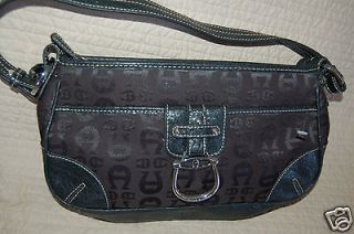 Etienne Aigner Black Logo Fabric Genuine Leather Satchel Handbag Bag 