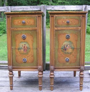 Pair of Antique French Chic Nightstands Victorian Courting Scene