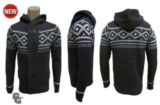 FLY GUY RUSKY MENS HOODED DOUBLE BUTTON FAIR ISLE NORDIC BLACK 