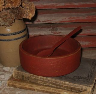 OLd Wood Pantry BOWL Painted Antique Barn RED SPOON Primitive Kitchen 