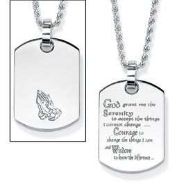 STAINLESS STEEL SERENITY PRAYER DOG TAG PENDANT NECKLACE AND CHAIN