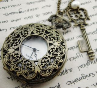 Alice in Wonderland Pocket Watch Necklace Key and Pearl LARGE 