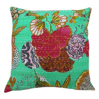   Quilted Cushion Cover Handmade Aqua Floral Print Pillow Case India 16