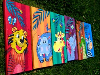   of 6 Prints on Canvas Jungle Animals Wall Art Childrens Room 15x31x2cm