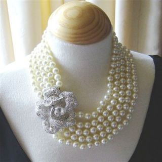 kenneth jay lane 5 strand pearl crystal rose necklace