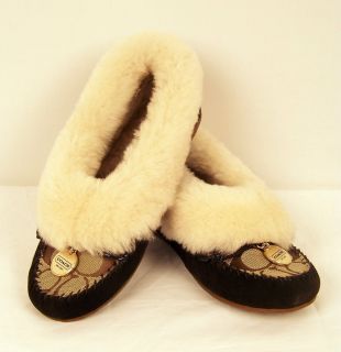 Coach Arleen Khaki Chestnut Signature C Suede Shearling Moccasin Shoes 