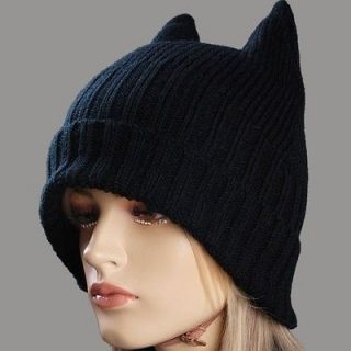 New Black Cat Ear Style Knit Baggy Beanie Hat Outdoor Driving Cap