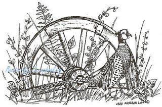 Pheasant & Wagon Wheel Wood Mounted Rubber Stamp Northwoods Rubber 