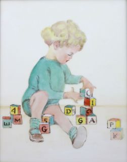   Hand Painted Ceramic Tile Art Baby with Blocks Nursery