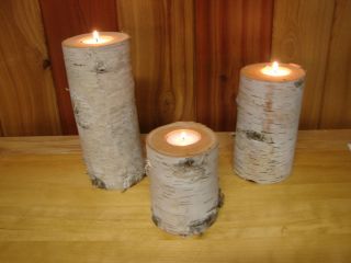 Set of 3 Large Birch Bark Log Tea Light Candle Holders