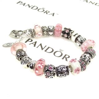 Authentic Pandora Bracelet Murano Pink Glass Bead Joy Live Love Laugh 