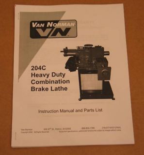 Van Norman 204C Brake Lathe Operations and Parts Manual
