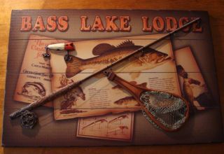 BASS LAKE LODGE SIGN Vintage Fishing Net Lure Primitive Log Cabin Home 