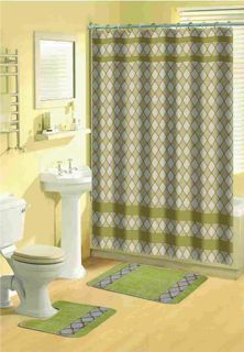   Bathroom 15 Pcs Shower Curtain with Hooks Bath Contour Rug Set