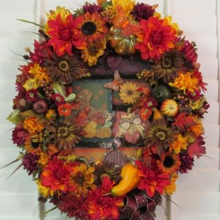 Wreath Autumn Arrangement Silk Flower Woodsy Centerpiece Pumpkin Gourd 