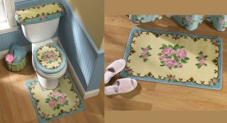   Blue w Pink Rose Design Bathroom Rug Bath Mat Set Bath Decor