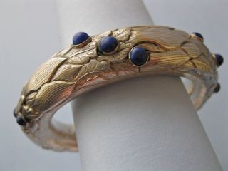   Nouveau Arts & Crafts Sterling Silver Lapis Repousse Bangle Bracelet