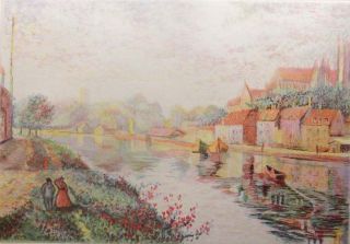 Claude Pissarro Auxerre Cathedral River Banks Signed Engraving 