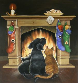    painting Cats and Black Lab by the Fireside 15 25x14 by Sue Barratt