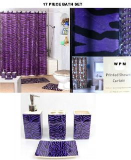 17 Piece Bath Accessory Set Purple Zebra Print Shower Curtain Bathroom 