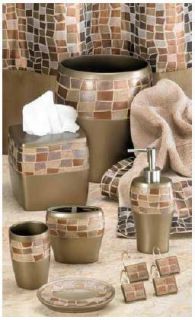 Mosaic Stone Bathroom Waste Basket Set Shower Curtain Rugs and Towels 