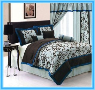   Flocking Floral Comforter Set Bed In A Bag Queen Blue/Brown/Aqua