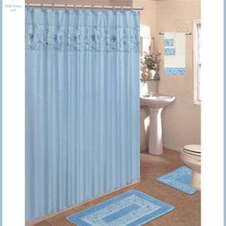 Bath Set 2 Rugs Fabric Shower Curtain Rings 3 Towels