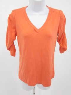 Barbara Lesser Orange V Neck 3 4 Ruched Sleeve Top Sz M