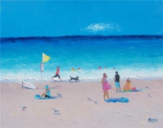 Beach Painting with People and Dog Original Oil by Matson