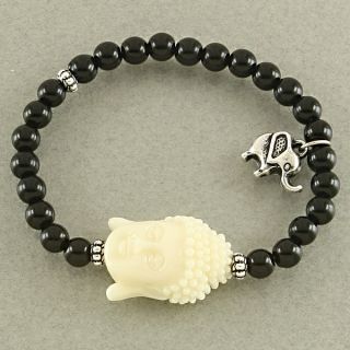 Black Cream Buddha Beaded Stretch Charm Bracelet