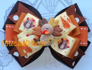 M2M FALL THANKSGIVING CLAY GOBBLE TURKEY LEAVES LAYERED HAIR BOW 