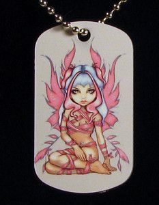 Jasmine Becket Griffith Dogtag Necklace Red Ribbon Fairy & Pink Ribbon 